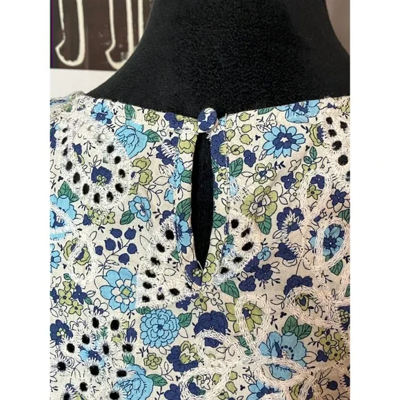 Solitaire Embroidered Eyelet Babydoll Top Peplum Ruffles Blue Green Floral XL - Picture 6 of 10